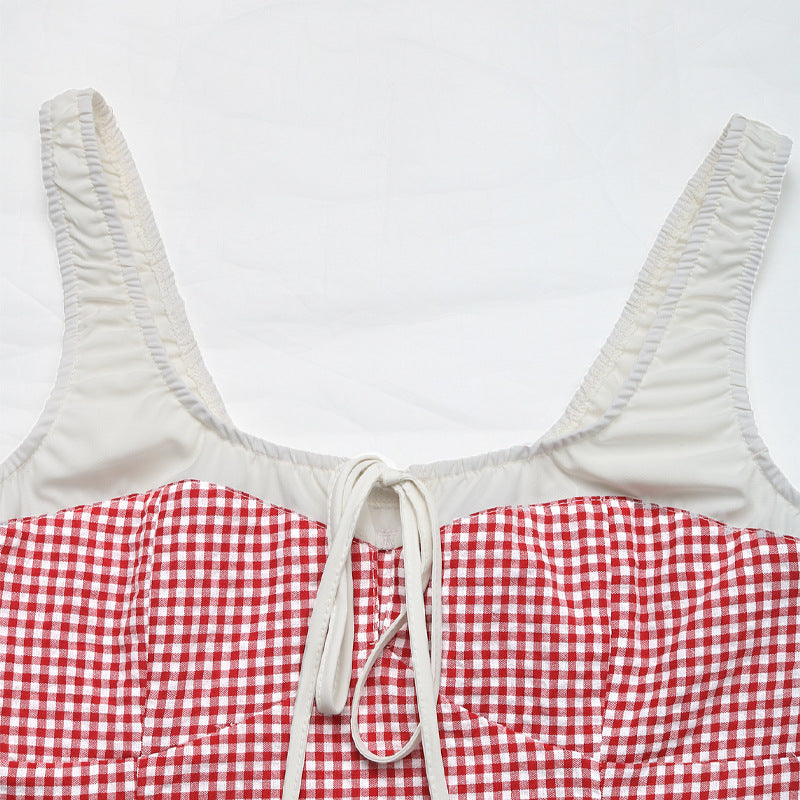 Colorblocked Checkered Lace-Up Vest Camisole