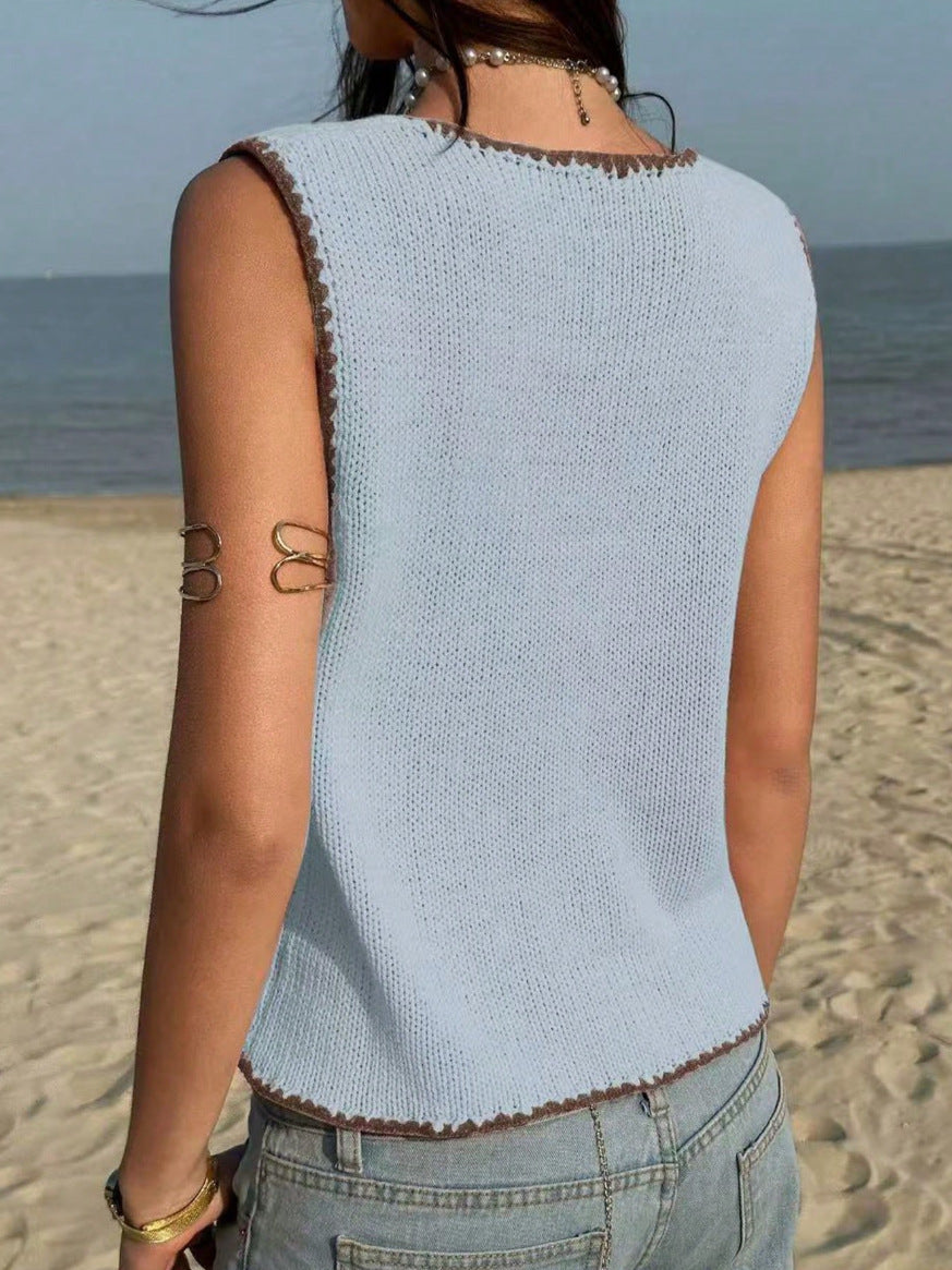 Y2K Contrast Trim Knit Tank Top Sleeveless Button Vest