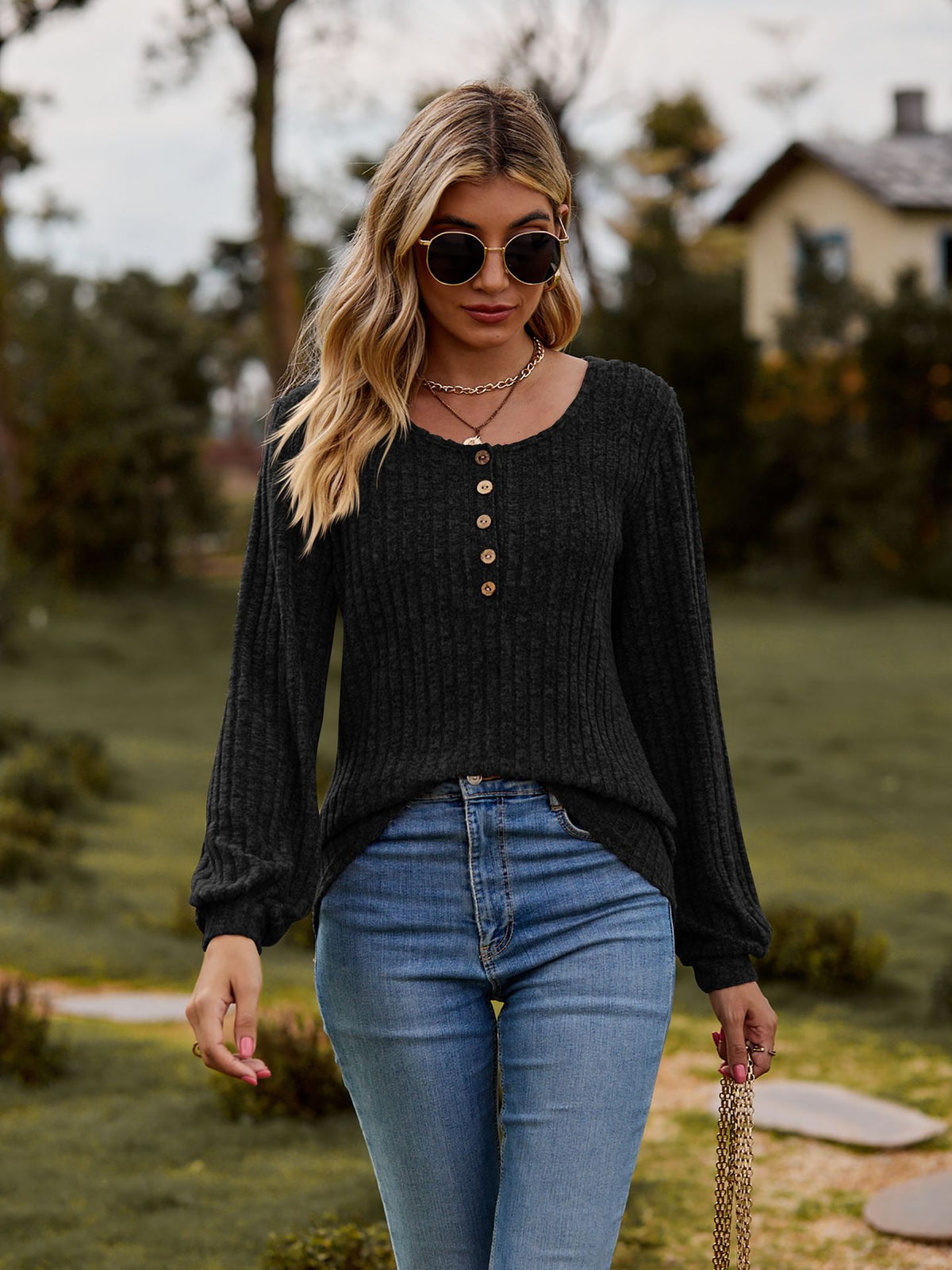 Women's Waffle Knit Button Front Lantern Sleeve Sweater
