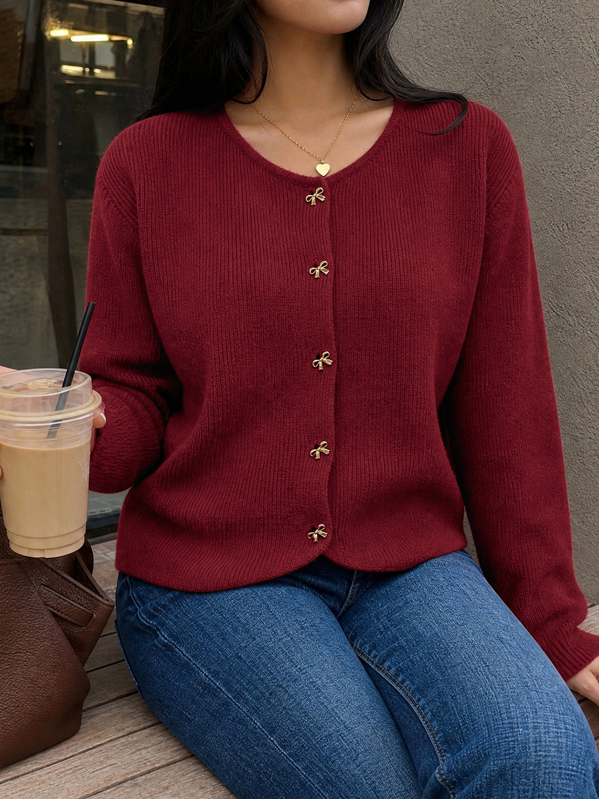 Women's Burgundy Crew Neck Gold Button Cardigan Sweater