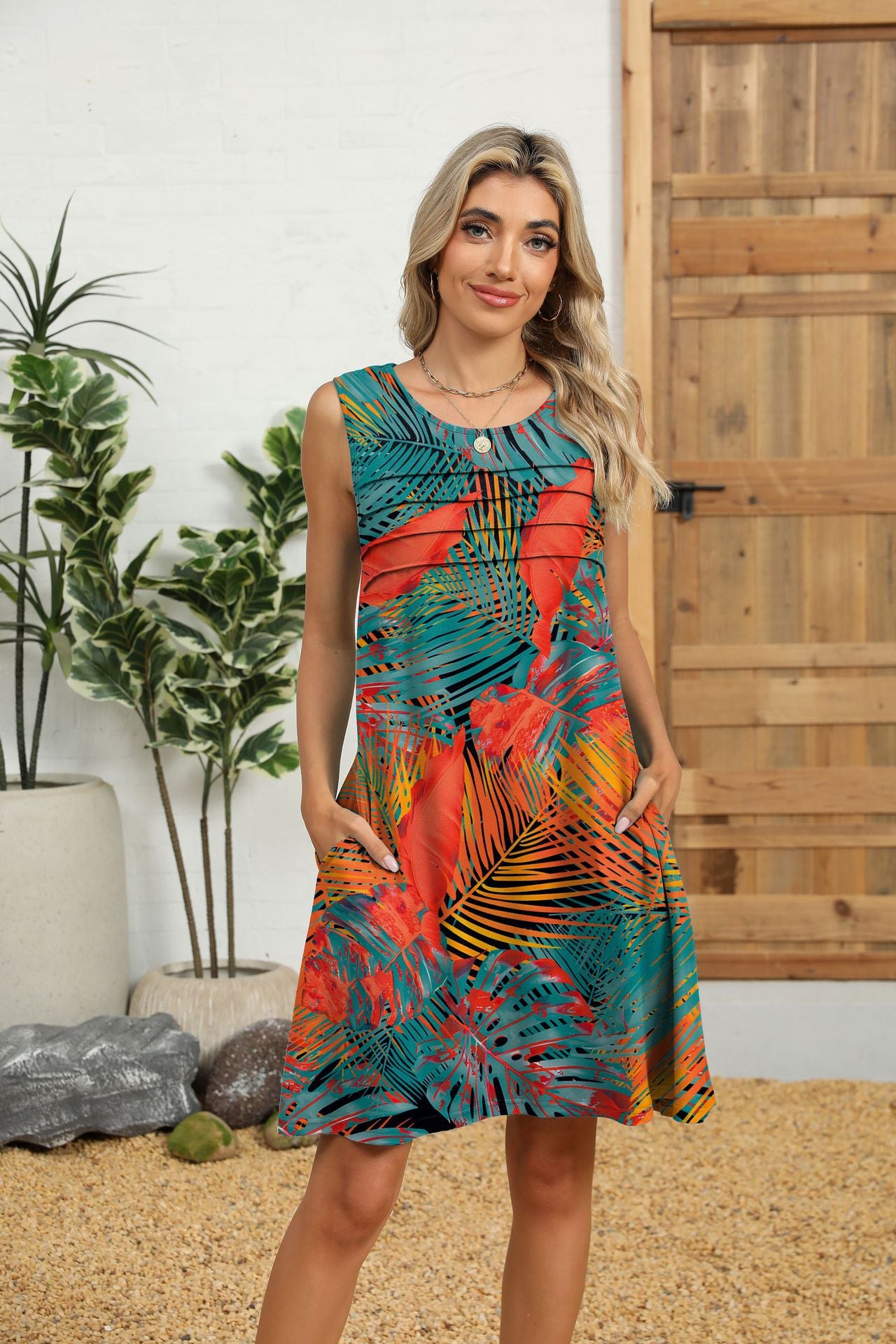 Loose Fit Scoop Neck Sundress with Graphic Print