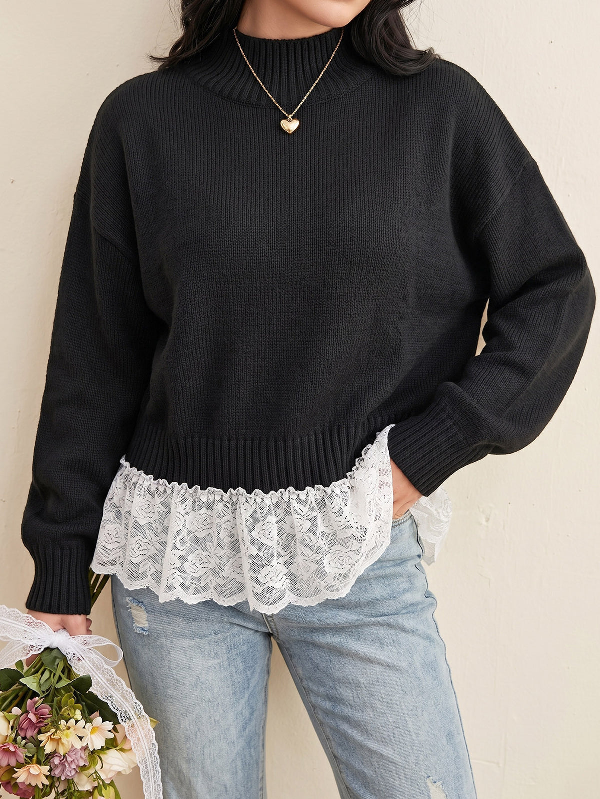 Oversized Layered Lace Hem Turtleneck Sweater