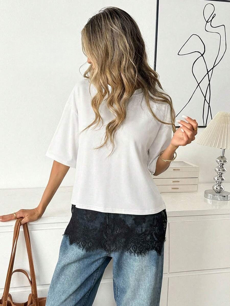 Solid  Lace Trim Loose Fit Short Sleeve Top