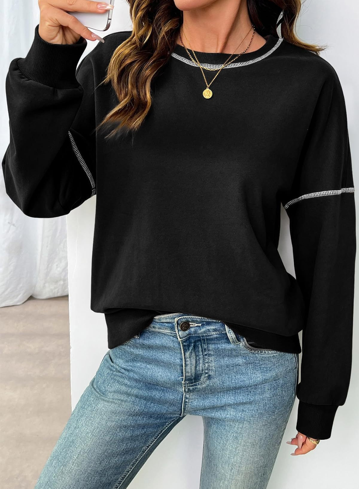 Contrast Stitch Crew Neck Casual Sweatshirt Pullover