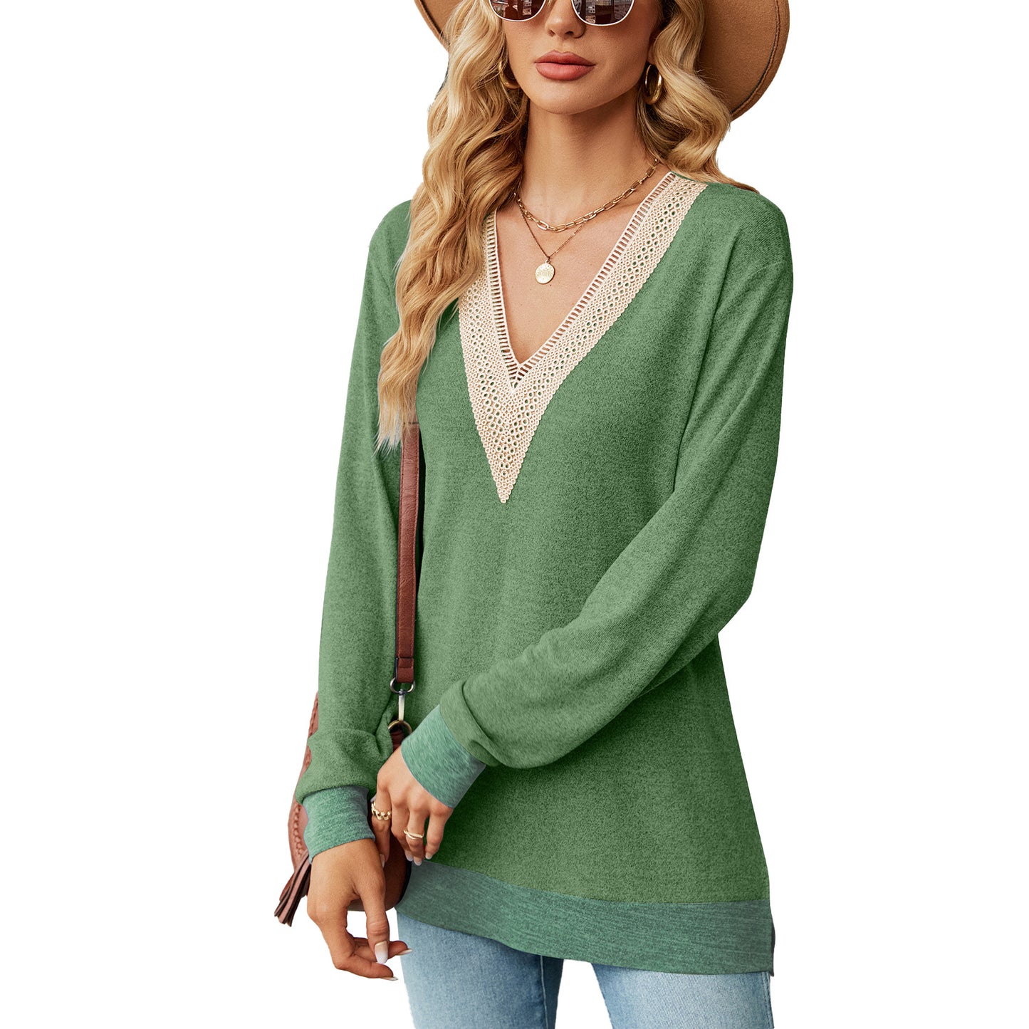 Lace V Neck Color Block Long Sleeve Tunic Top Side Split