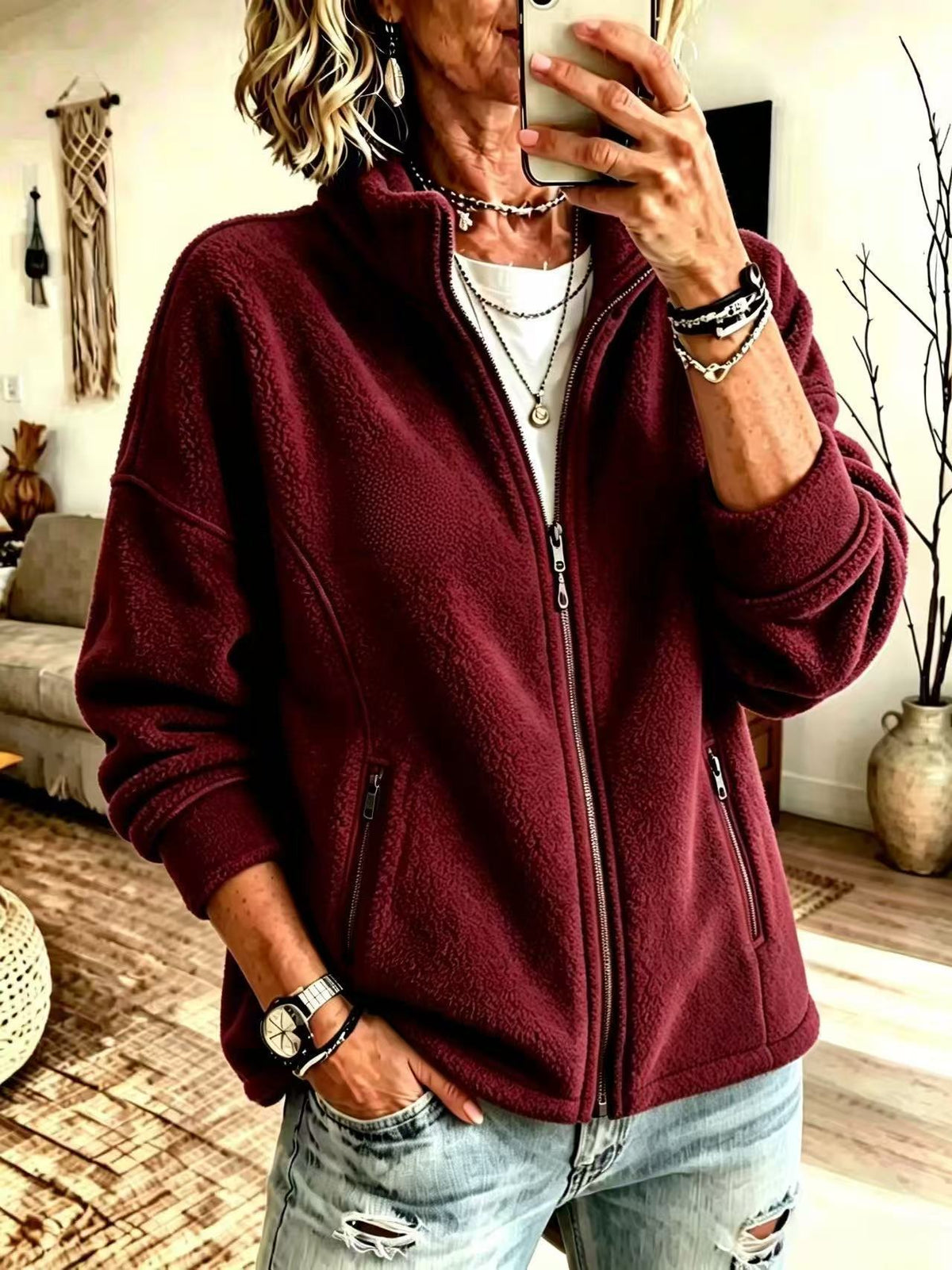 Women's Oversized Sherpa Fleece Zip Up Jacket