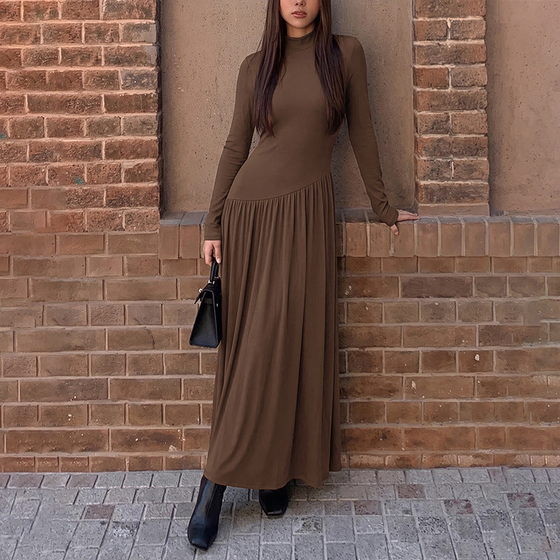 Mock Neck Knit Midi Dress Long Sleeve High Waist A Line