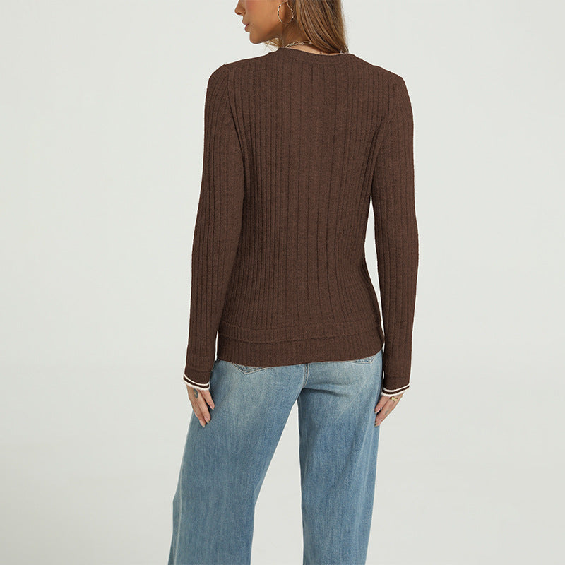 Women's Ribbed Henley Long Sleeve Fitted Sweater