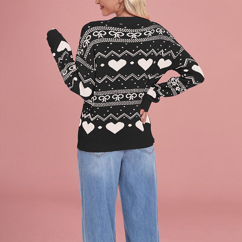 Women's Oversized Heart Crew Neck Knit Sweater