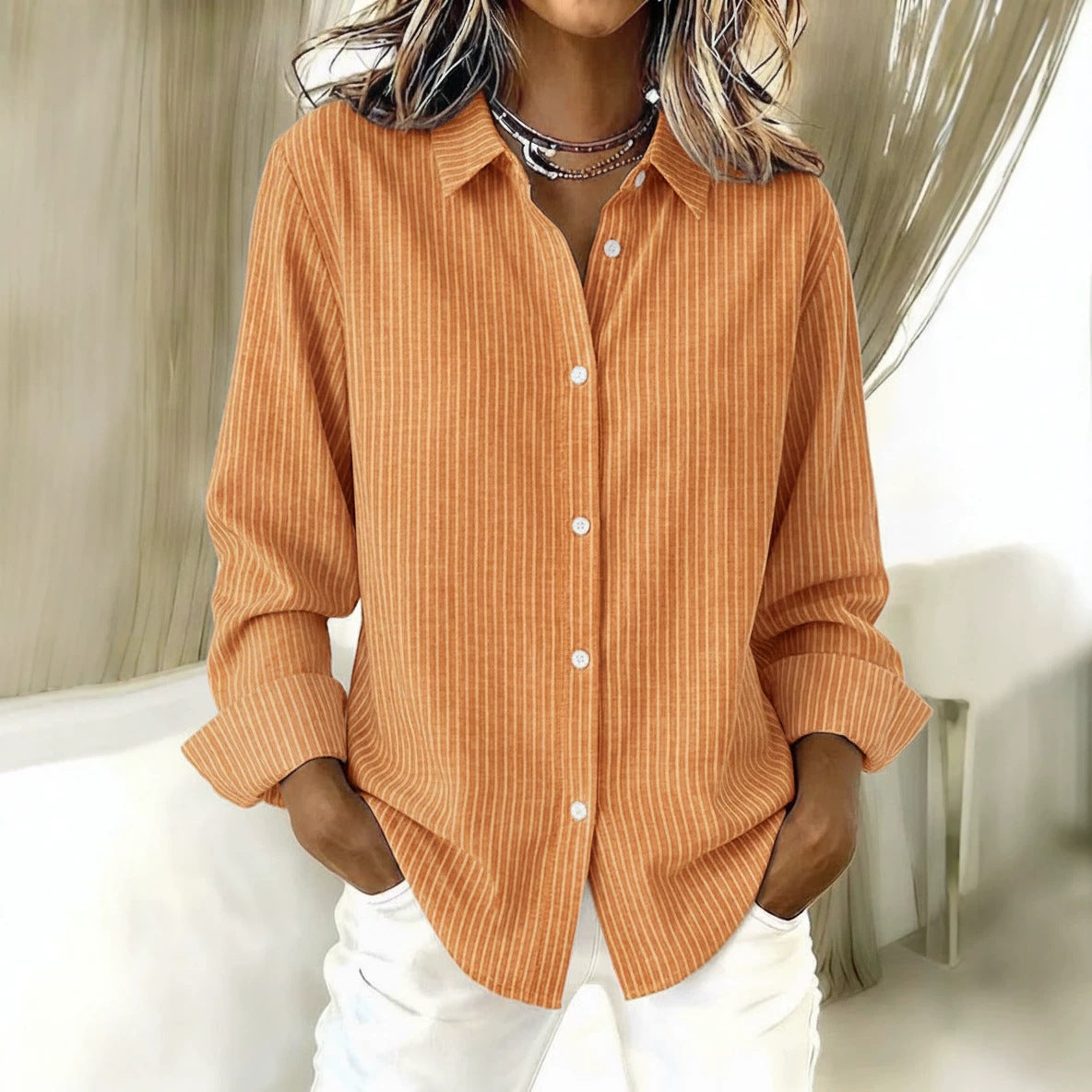 Striped Button Down Shirt, Oversized Long Sleeve Blouse