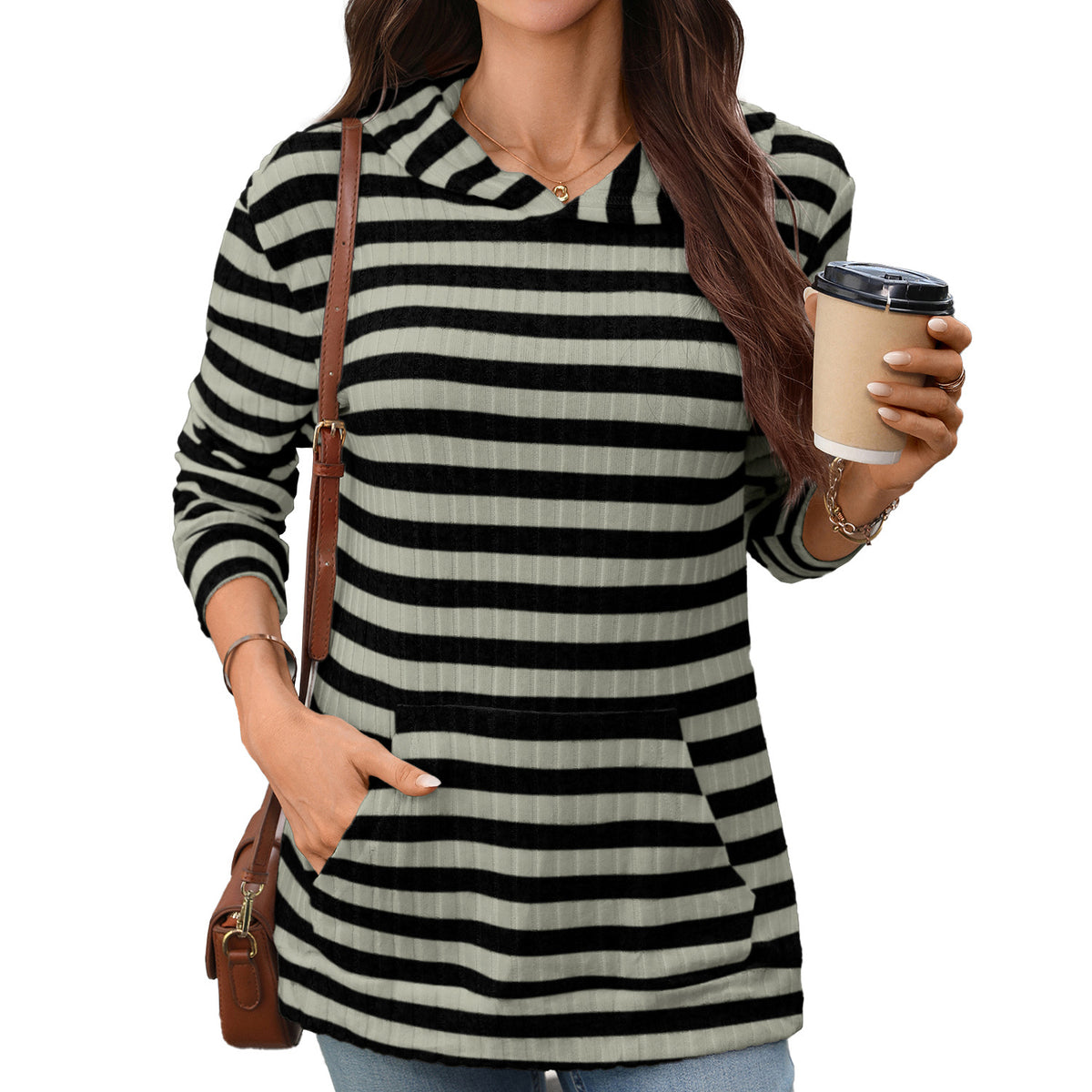 Women's Oversized Striped Hoodie Long Sleeve Pocket Tunic