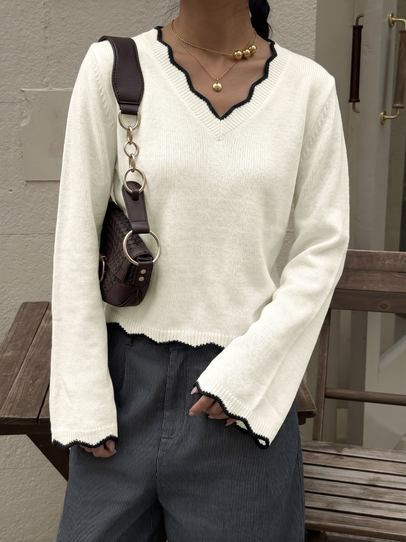 Contrast Trim V Neck Cropped Knit Sweater Long Sleeve Top