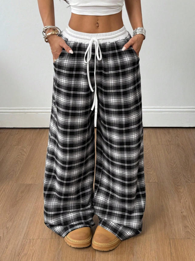 Plaid Wide Leg Pants Drawstring Elastic Waist Casual