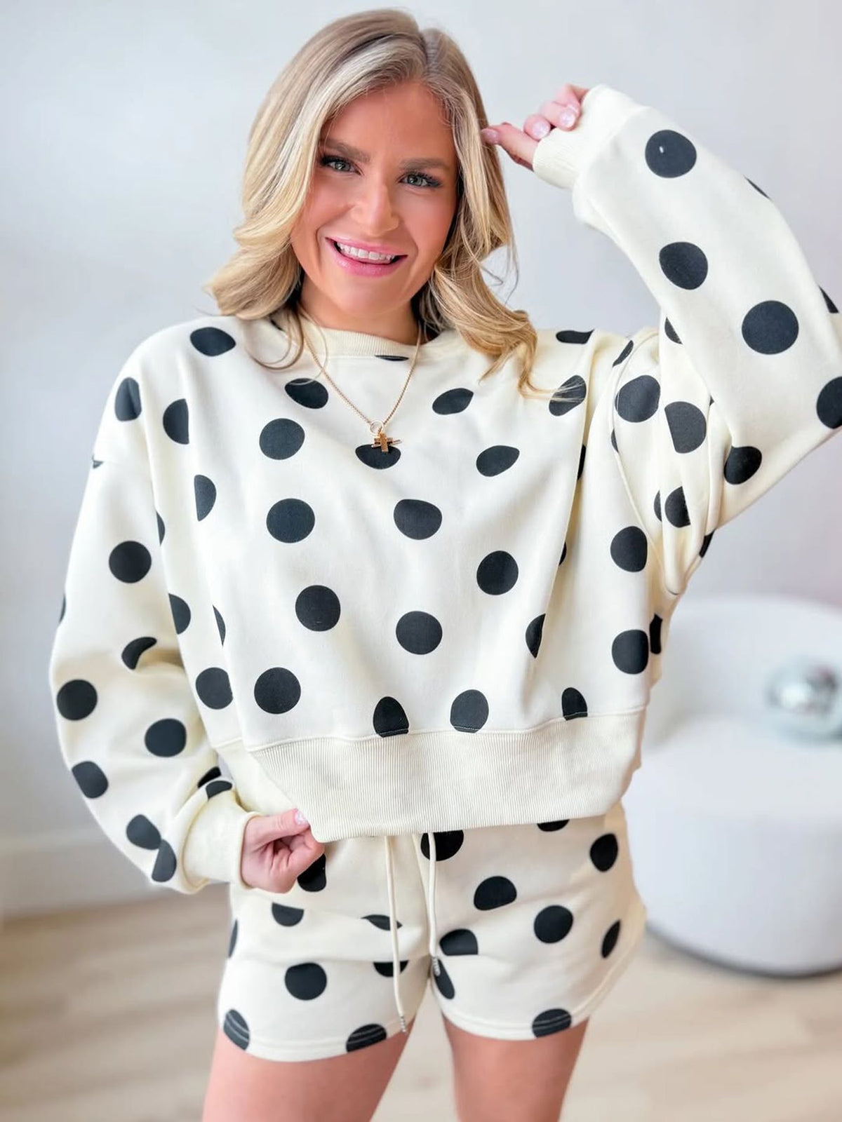 Polka Dot Crop Sweatshirt & Shorts Matching Set