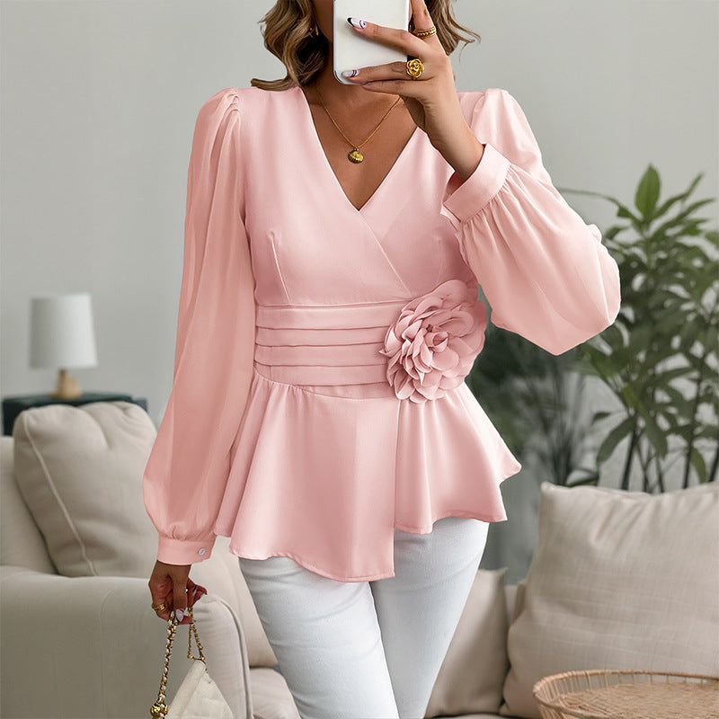 Elegant V-Neck Blouse with 3D Floral Waist Detail