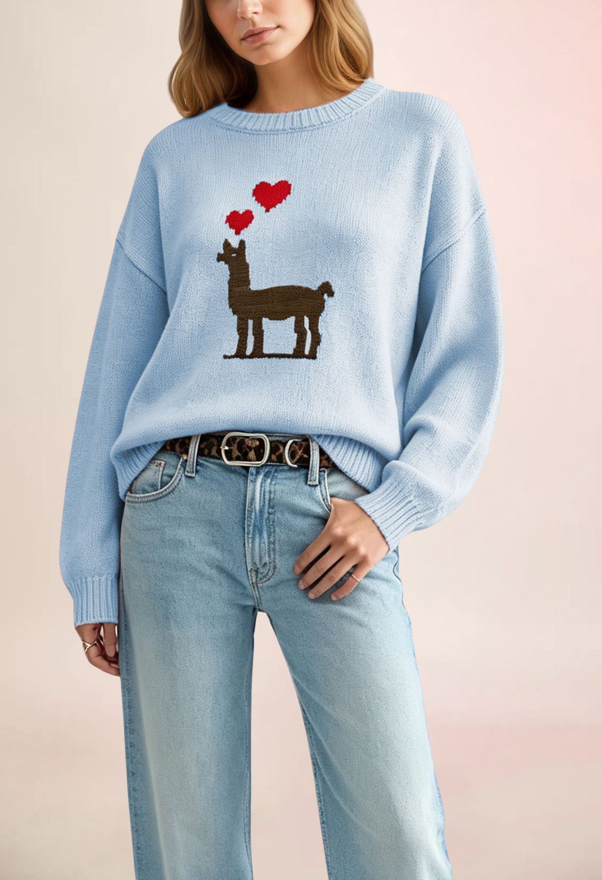 Women's Llama Heart Oversized Crewneck Pullover Sweater