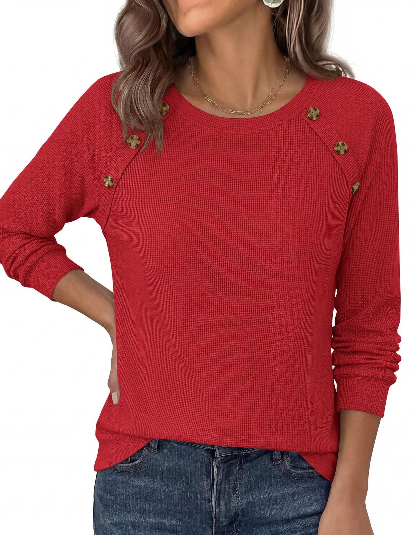 Waffle Knit Button Detail Top Long Sleeve Casual Pullover