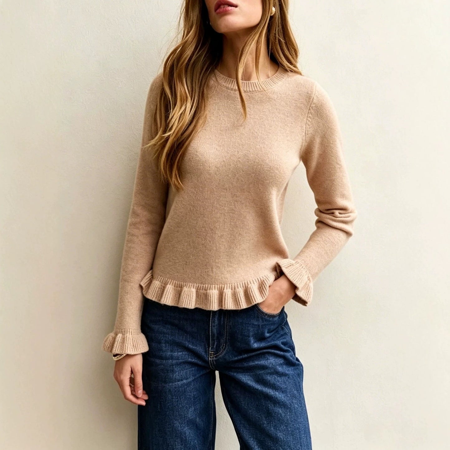Ruffle Hem Crew Neck Long Sleeve Knit Sweater