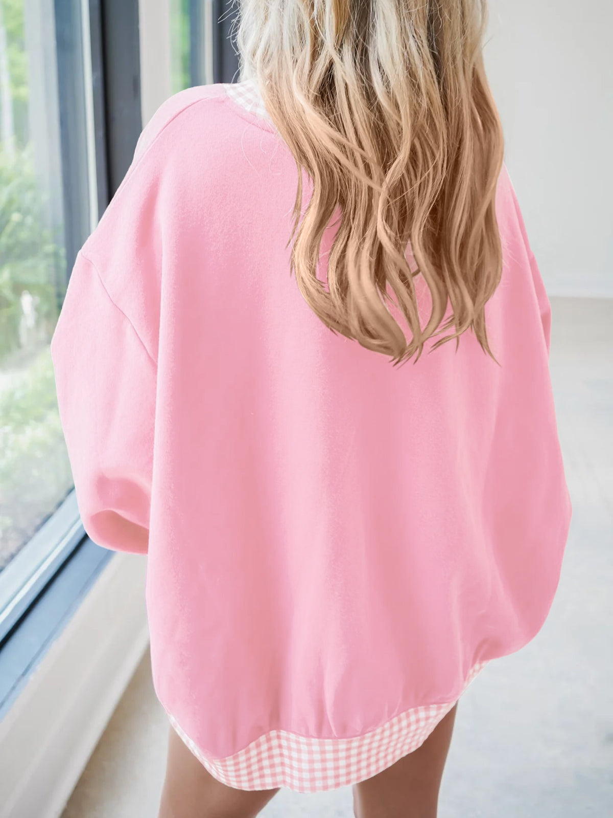Women's Oversized Fleece Plaid Trim Mock Neck Sweatshirt