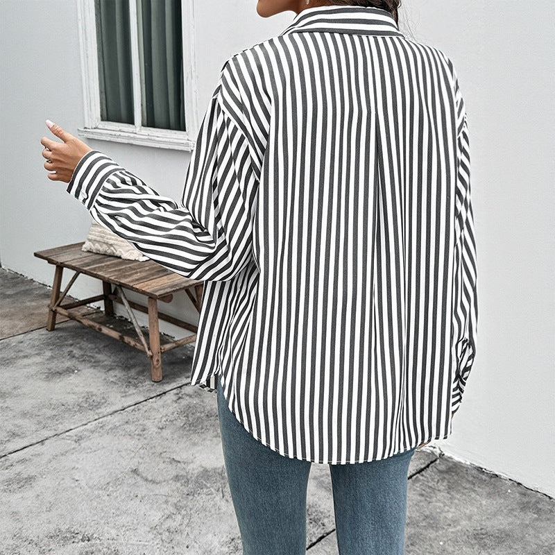 Black White Striped Button Down Long Sleeve Shirt Jacket