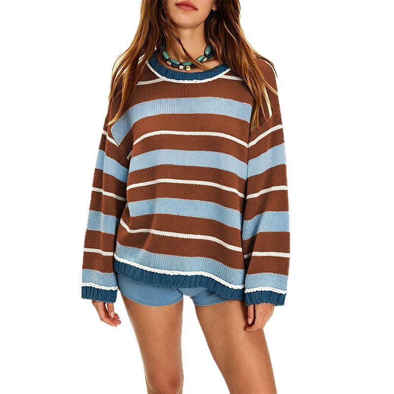 Women's Oversized Striped Crew Neck Knit Sweater