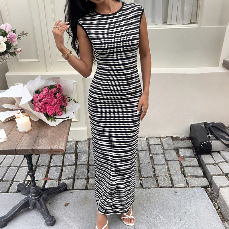 Striped Sleeveless Knit Bodycon Midi Dress Casual