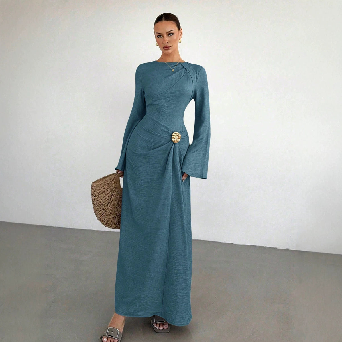 Women's Bell Sleeve Ruched Maxi Dress Gold Button