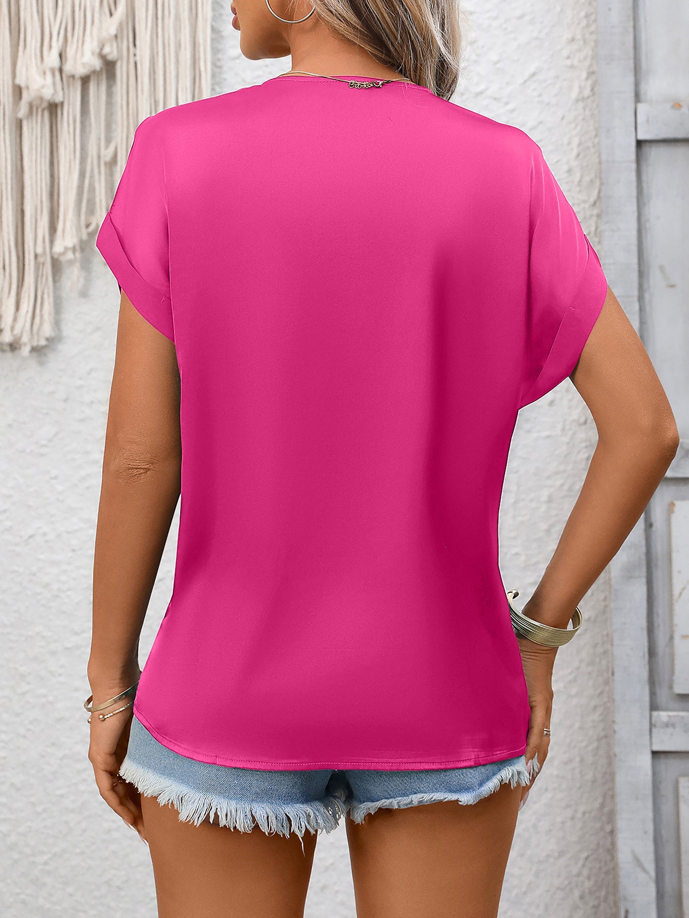 Lace Trim V Neck Satin Blouse Women Summer Short Sleeve Top
