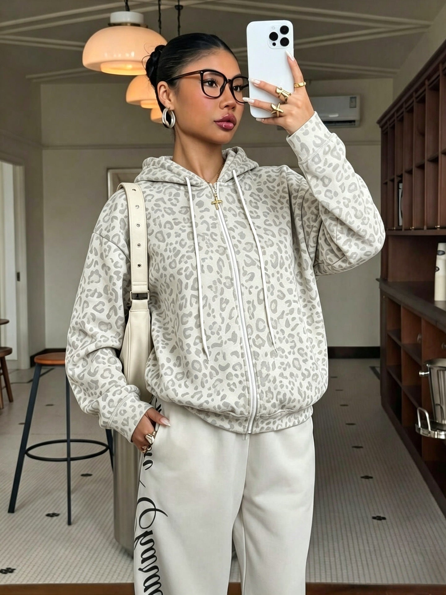 Women's Leopard Print Zip Up Fleece Hoodie Jacket