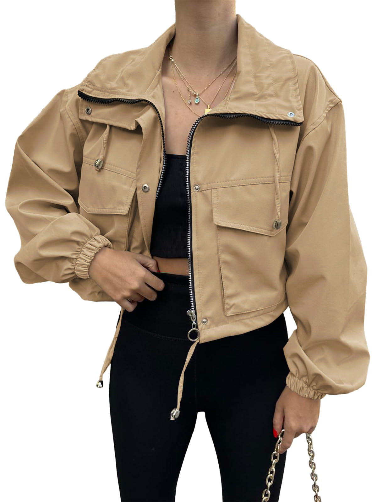Solid Cropped Windbreaker Utility Jacket