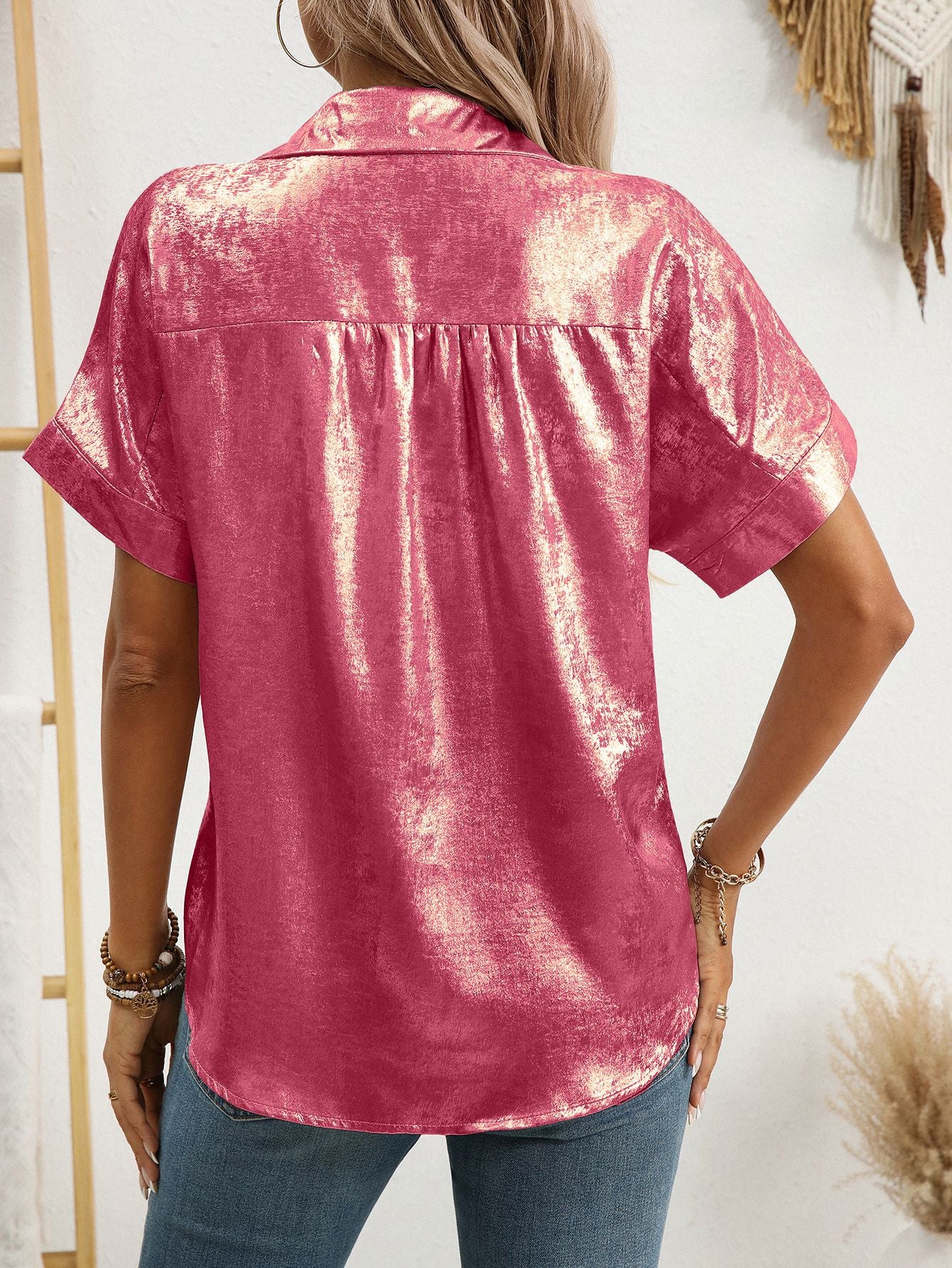 Shiny Metallic Buttoned Shirt with Relaxed Fit for Summer