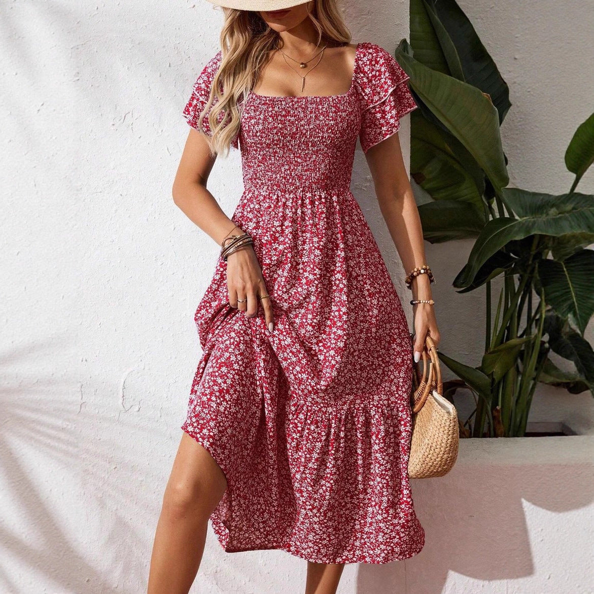 2026 Summer Square Neck Floral Dress for Women, Smocked