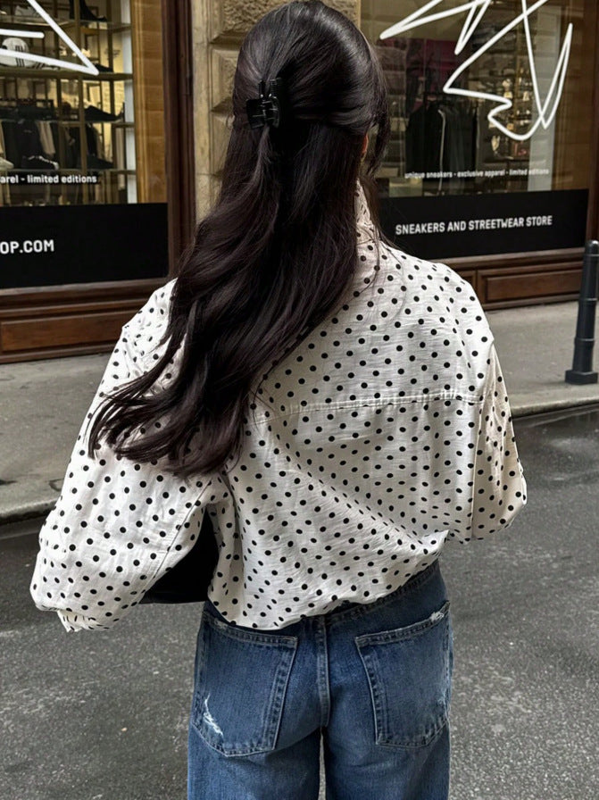 Polka Dot Woven Jacket Trendy Zip Up Stand Collar