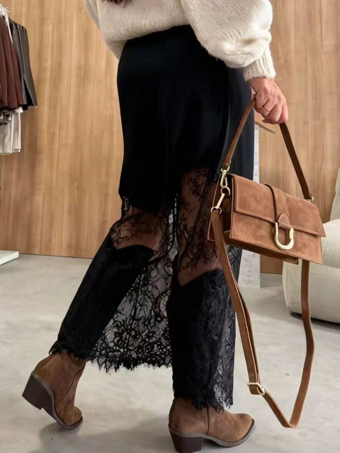 Women’s Satin Lace Patchwork High Waist Midi Skirt