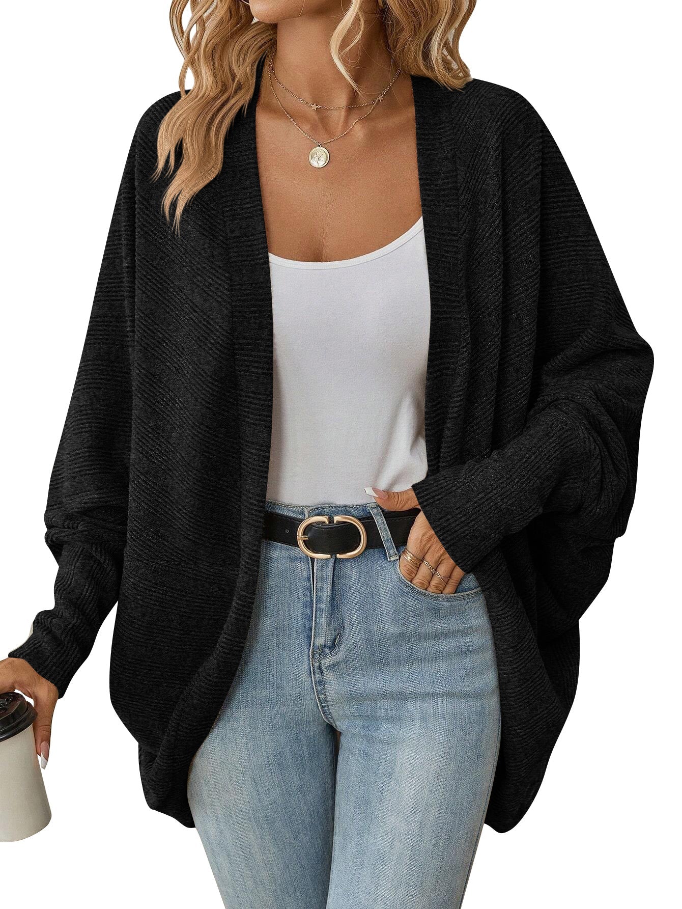Oversized Ribbed Knit Cardigan Open Front Cozy Layer