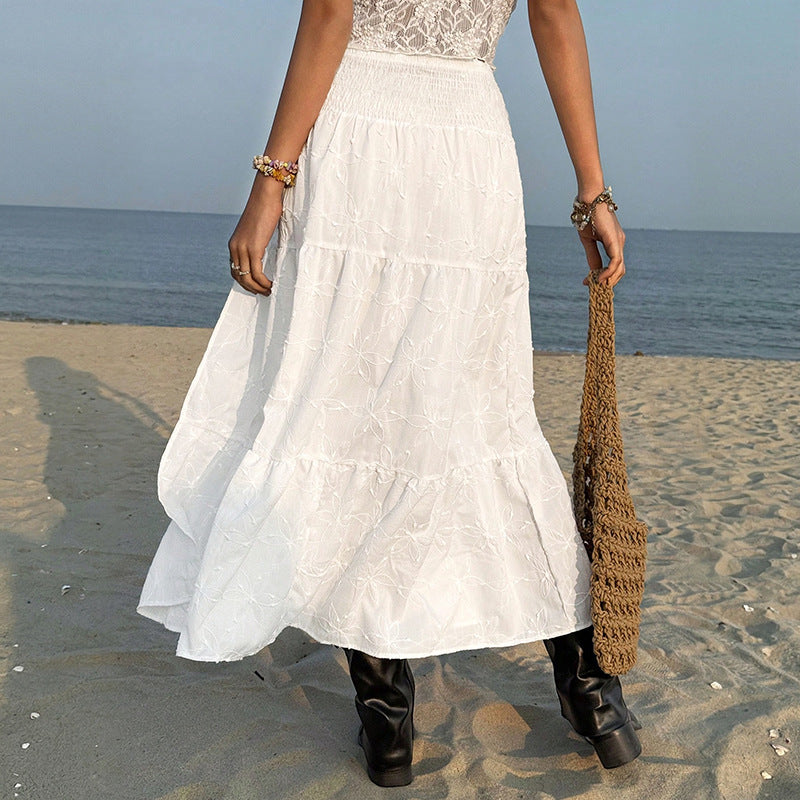 Women High Waist Embroidered Split Maxi Skirt