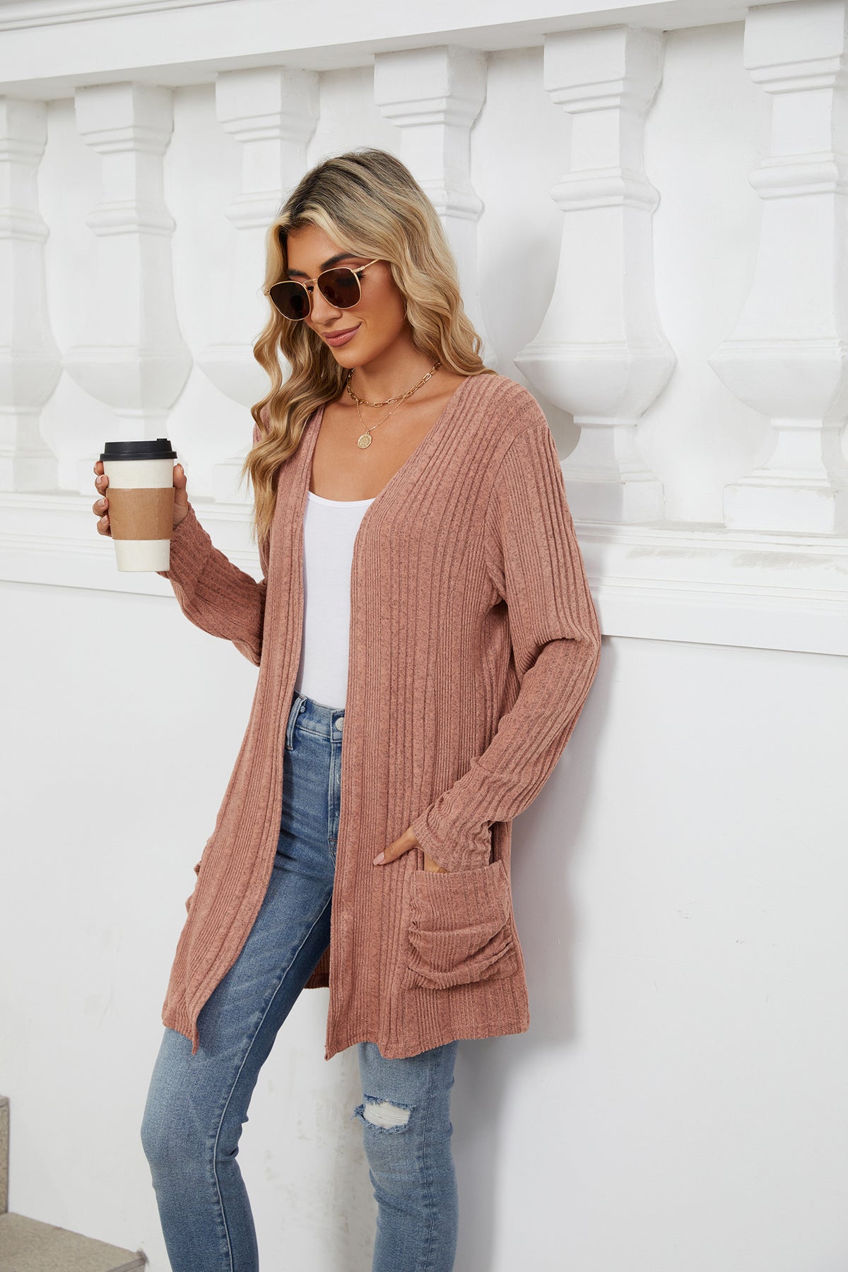 Women's Ribbed Long Cardigan Open Front with Pockets