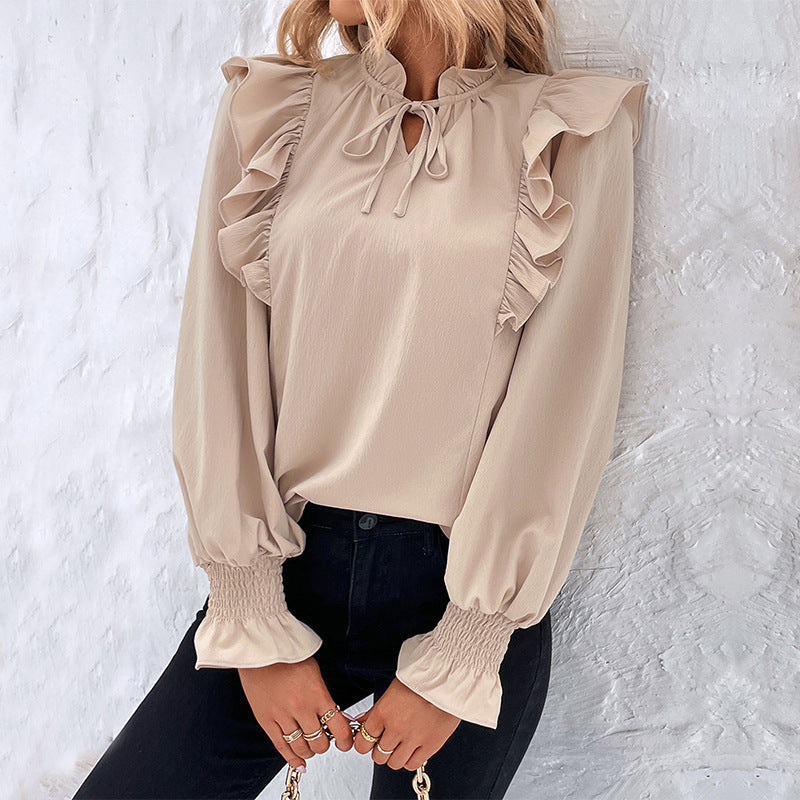 Ruffle Tie Neck Long Sleeve Blouse for Women