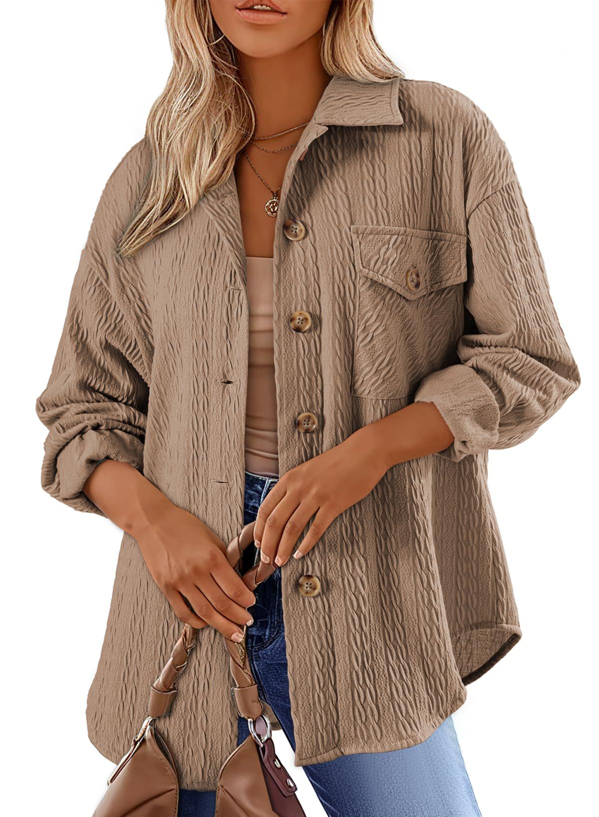 Women's Textured Shacket Oversized Button Down Shirt