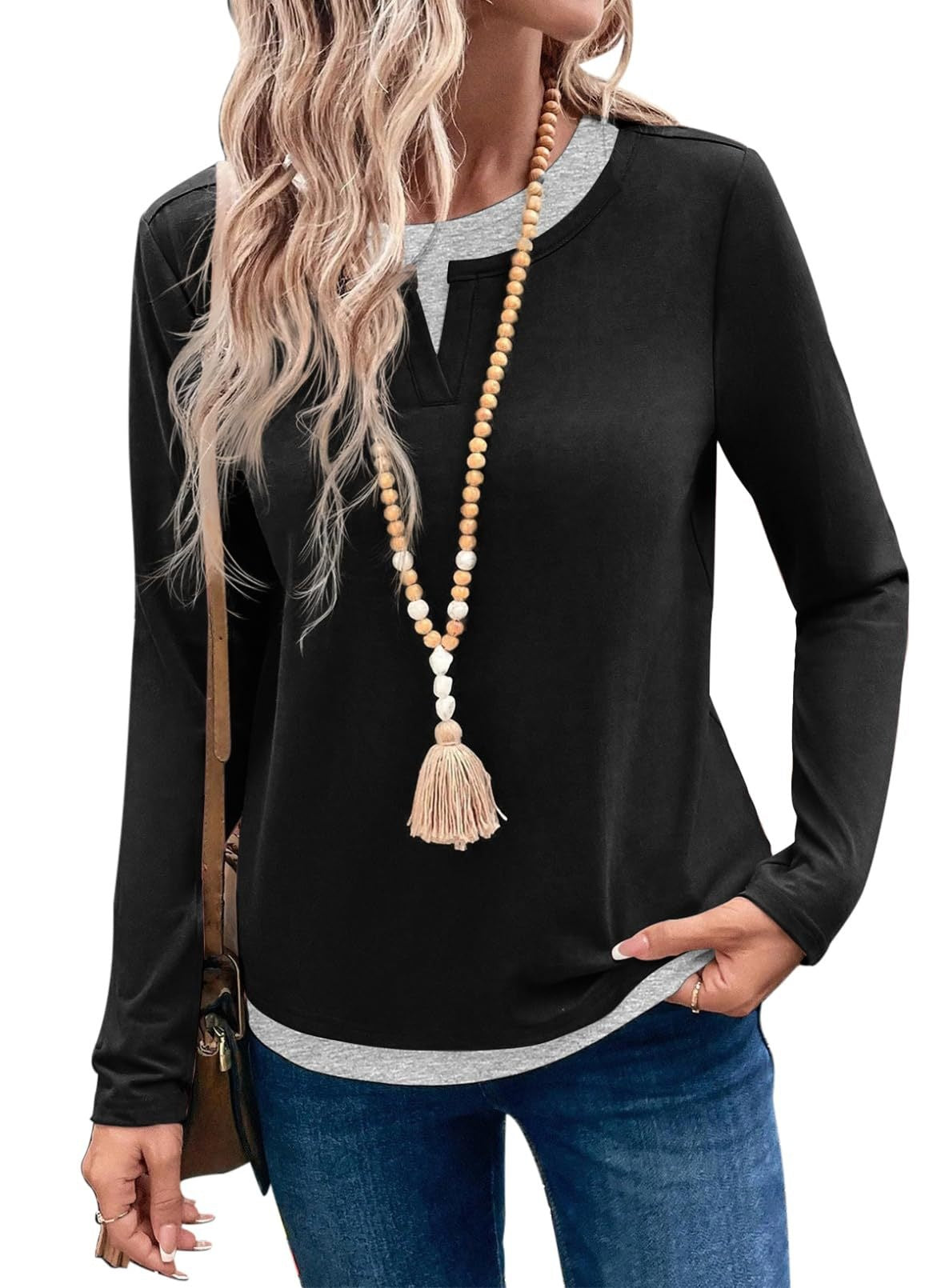 Color Block Long Sleeve Top Layered Look Casual Tee