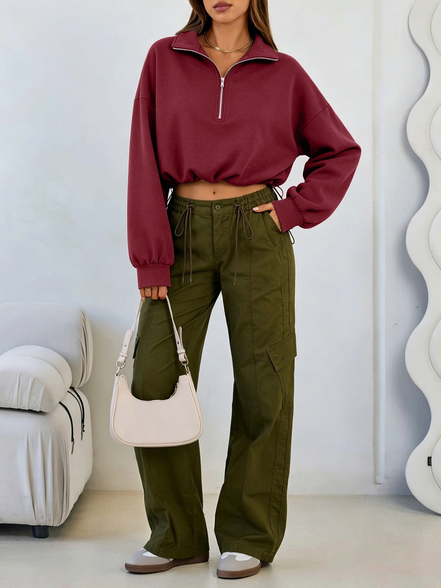 Half-Zip Pullover Sweatshirt Casual Drawstring Cropped Top