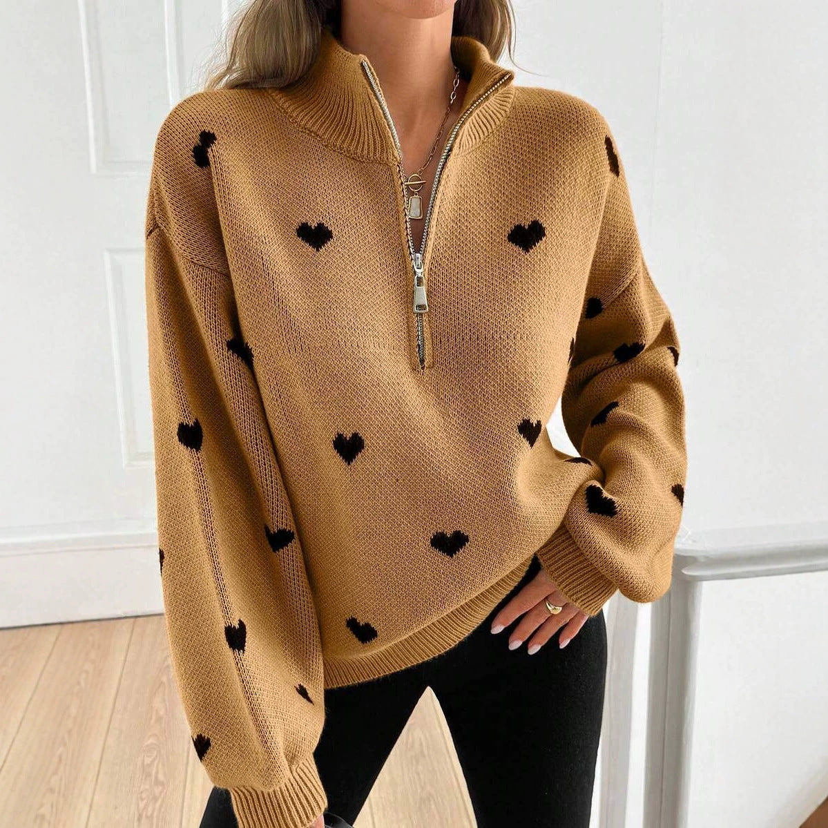 Half Zip Sweater with Heart Print, Oversized Knit Pullover