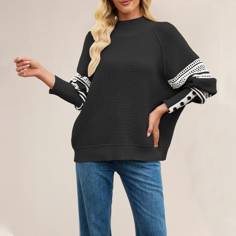 Womens Oversized Mock Neck Color Block Geometric Sweater