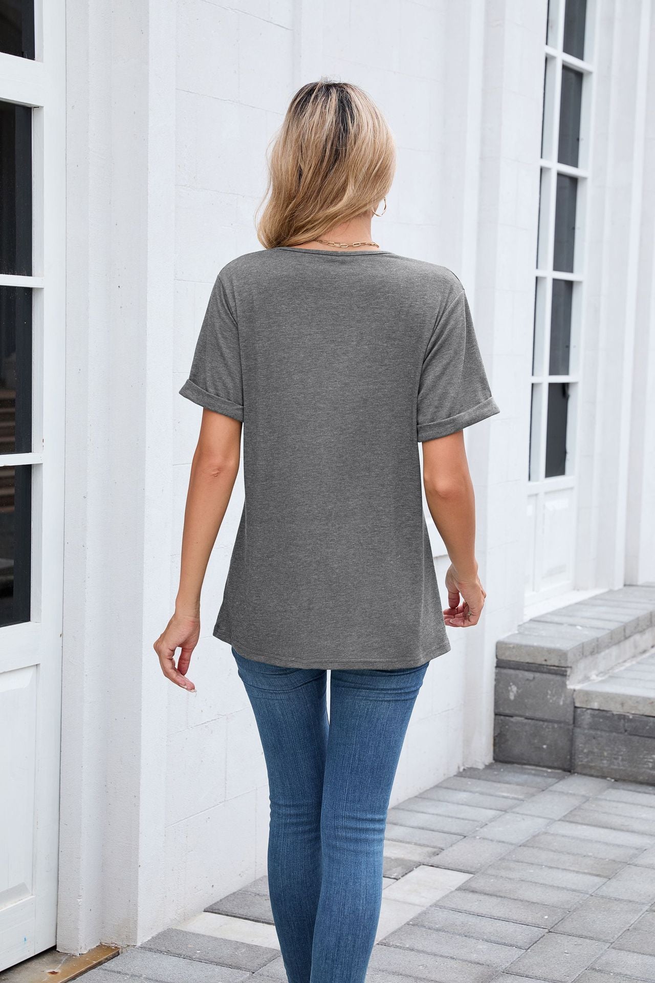 V Neck Basic Tee Short Sleeve Casual Loose Fit Top
