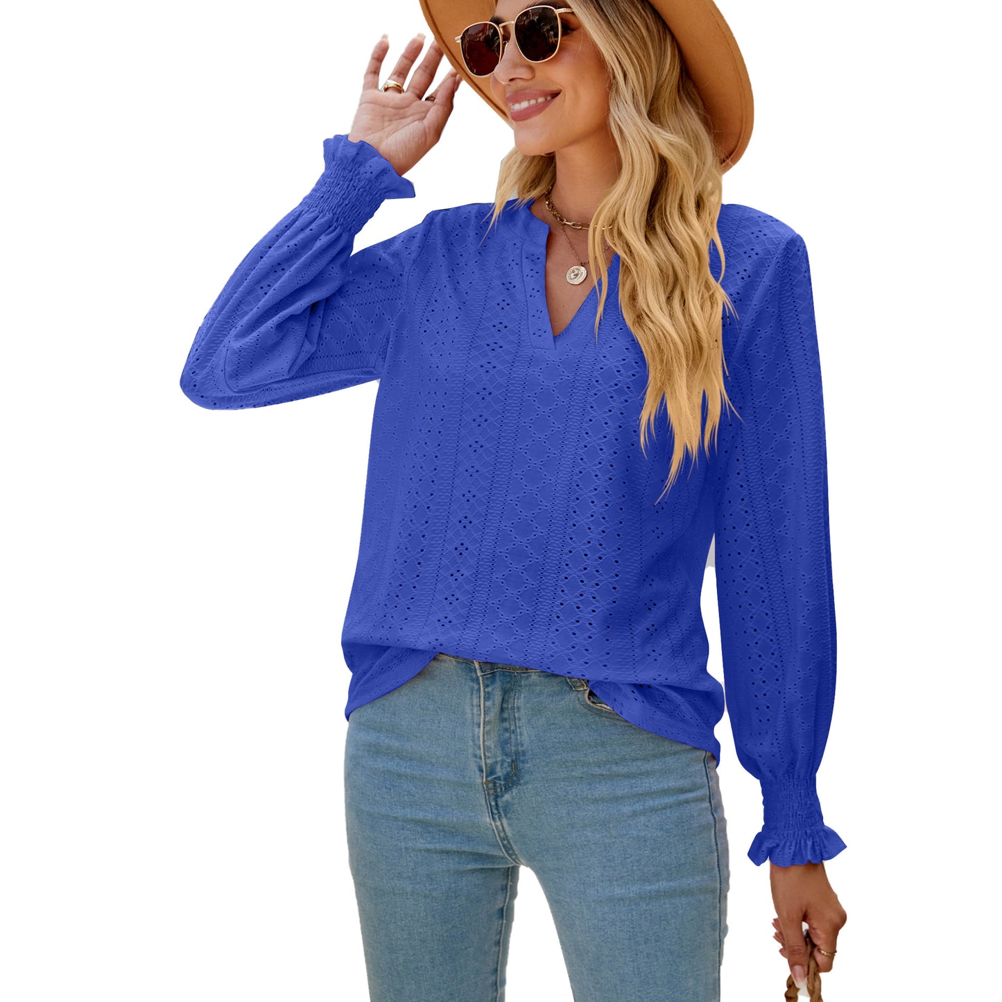 Eyelet V Neck Ruffle Sleeve Casual Long Sleeve Blouse