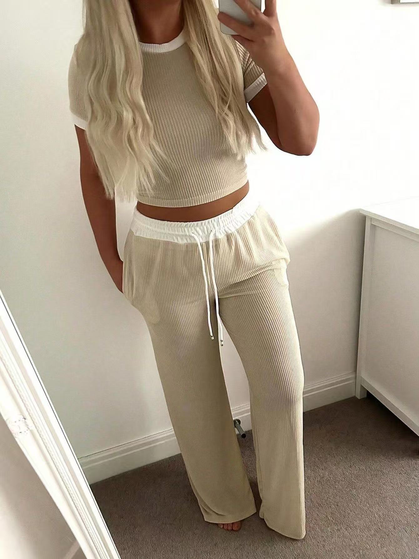 Women’s Wide Leg Pants Set Short Sleeve Casual Two Piece