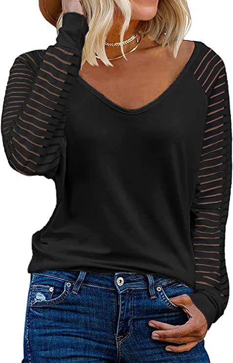 Striped Cotton Top Casual V Neck Sheer Sleeves