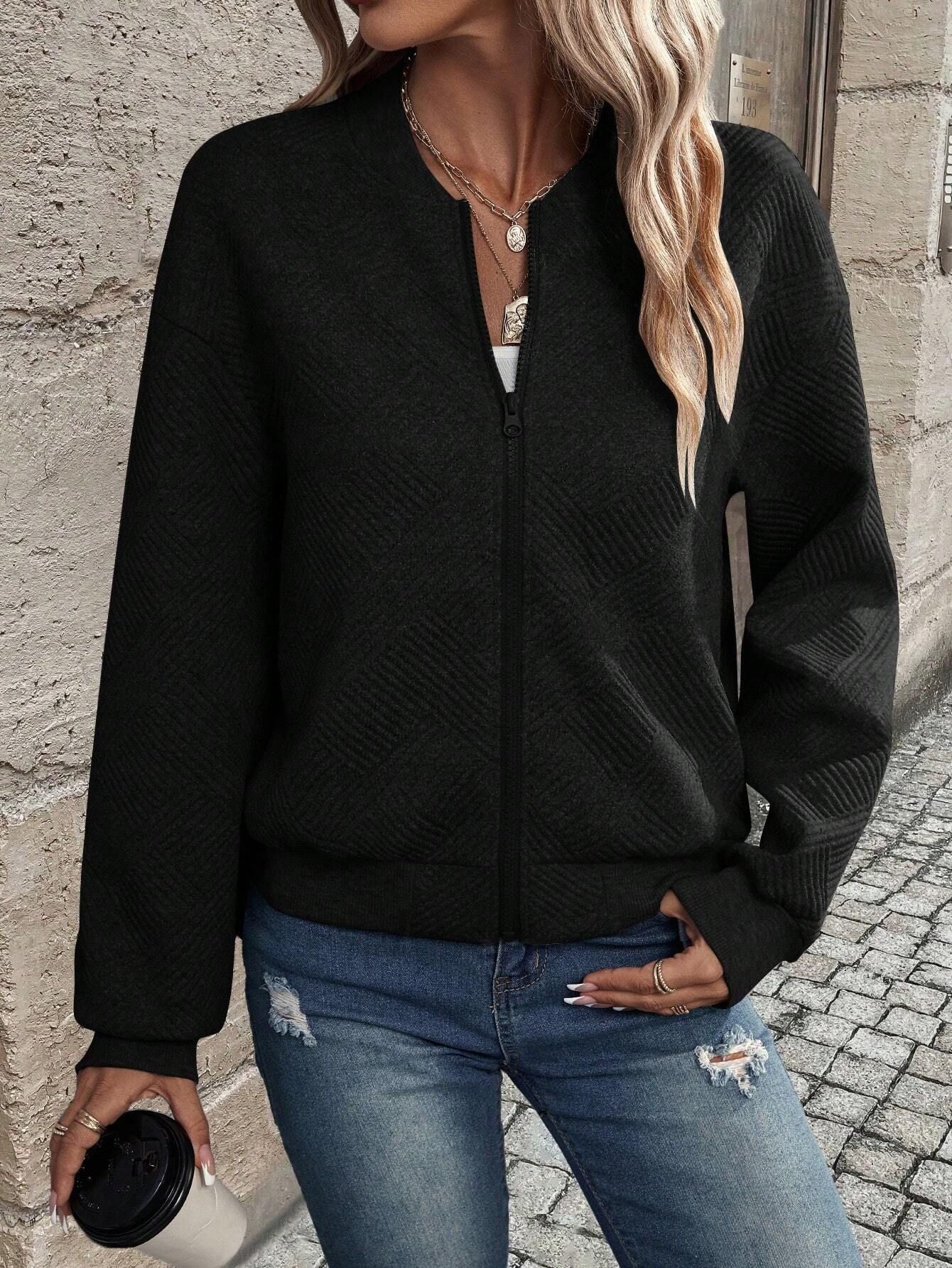 Geometric Textured Bomber Jacket with Pockets