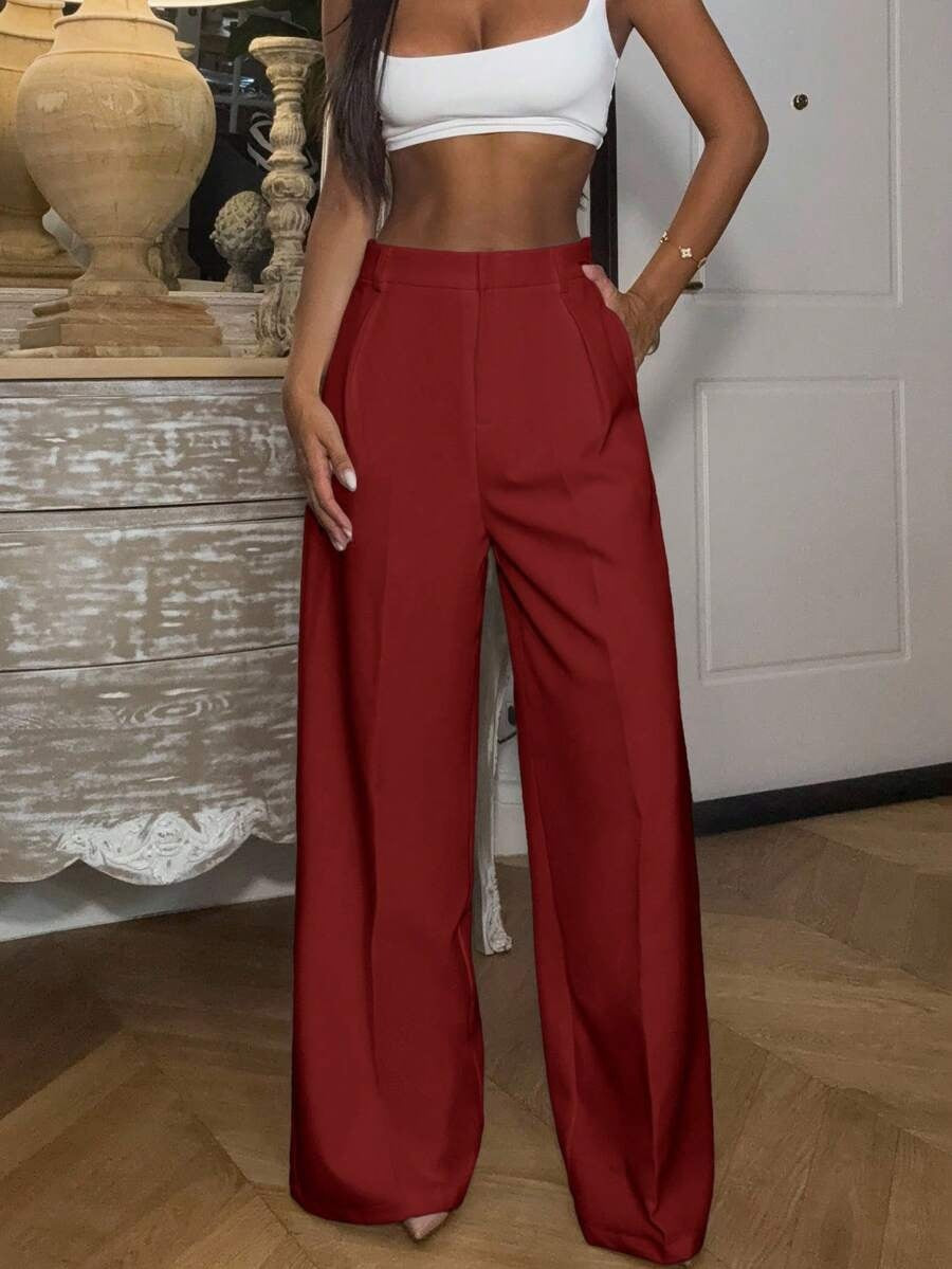 Solid High Waisted Wide Leg Dress Pants Business Work Trousers