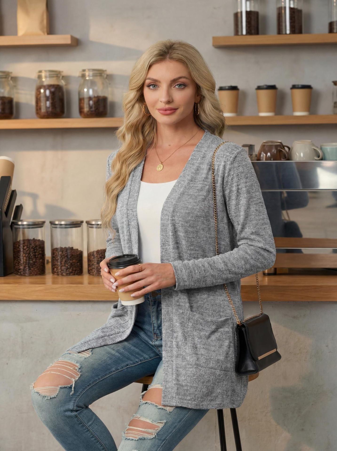 Open Front Cardigan Lightweight Knit Long Sleeve Top